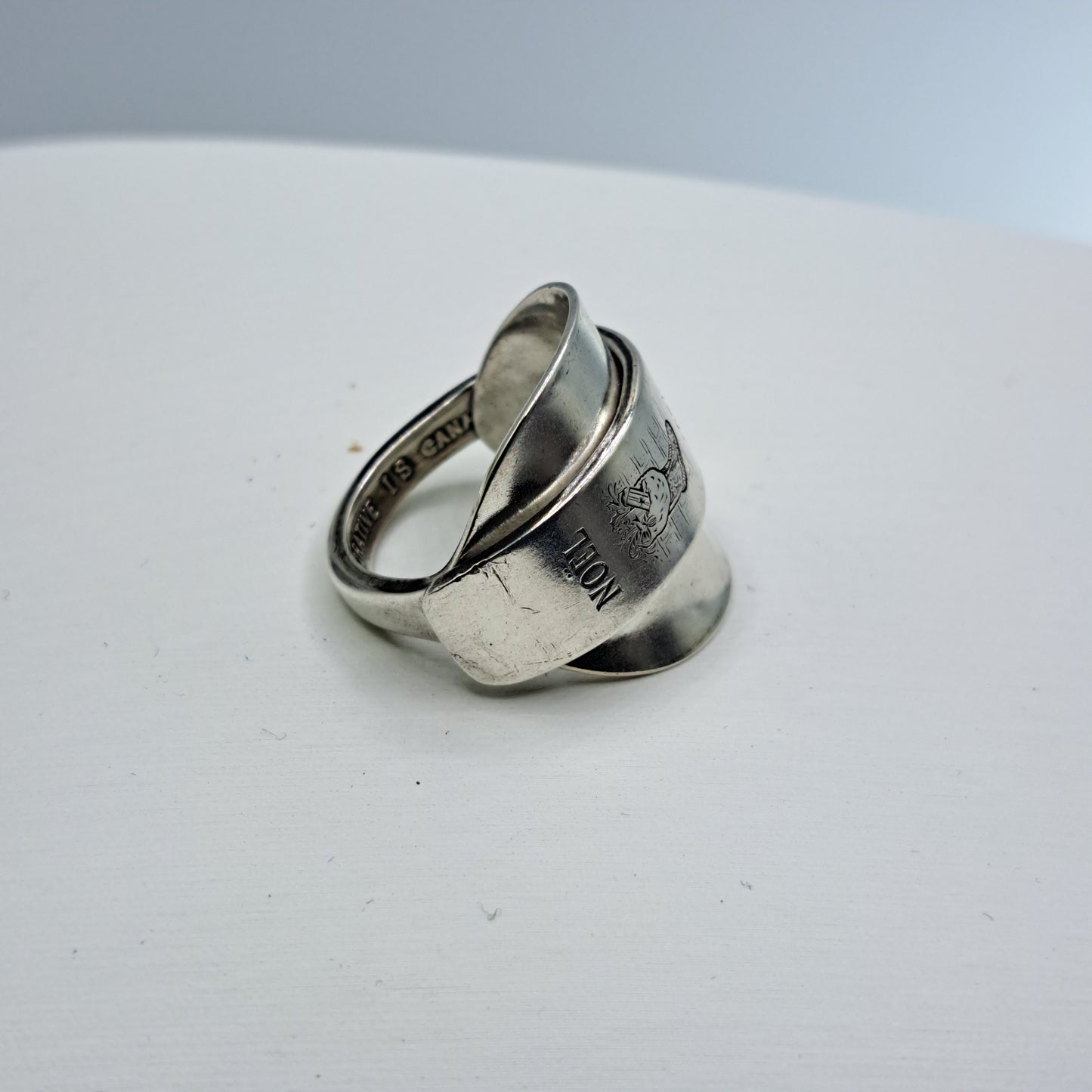 "1976 Noël", Size 11.25, Vintage Silverware Ring, Saddle Spoon Ring, Souvenir Spoon