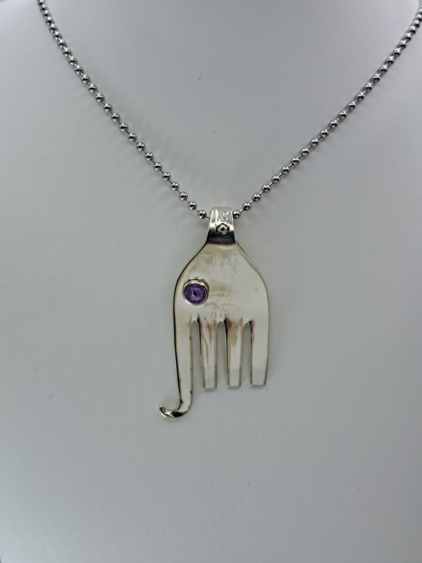 Handmade vintage silverware elephant necklace made a fork end with purple crystal eye