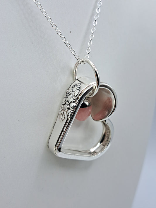 Adoration 1930, Floating Heart Pendant, Vintage Silverware Necklace, Rose Quartz charm