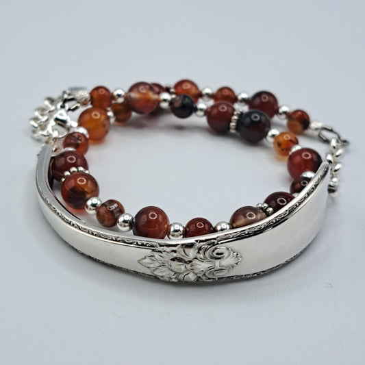 Handmade vintage silverware bracelet made from Adoration 1939 pattern silverplated handles with fire agate gemstone beads