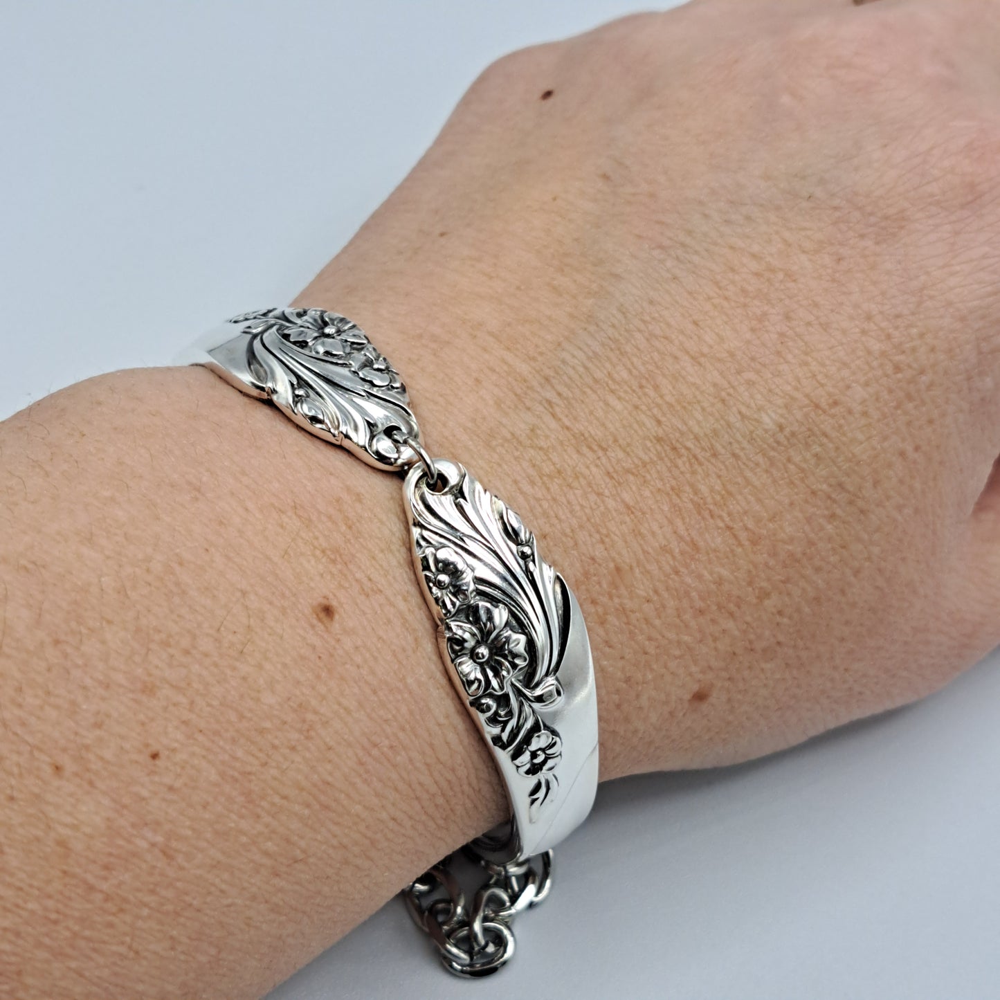 Handmade vintage silverware bracelet made from Evening Star 1950 pattern silverplated handles