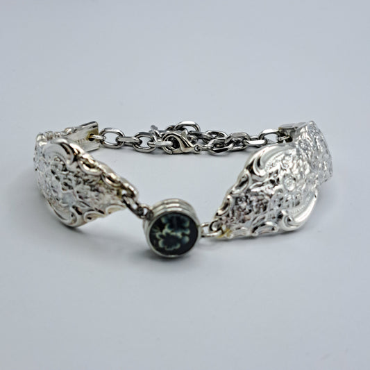 Handmade vintage silverware bracelet made from Silver Renaissance 1971 pattern silverplated handles with center snap charm