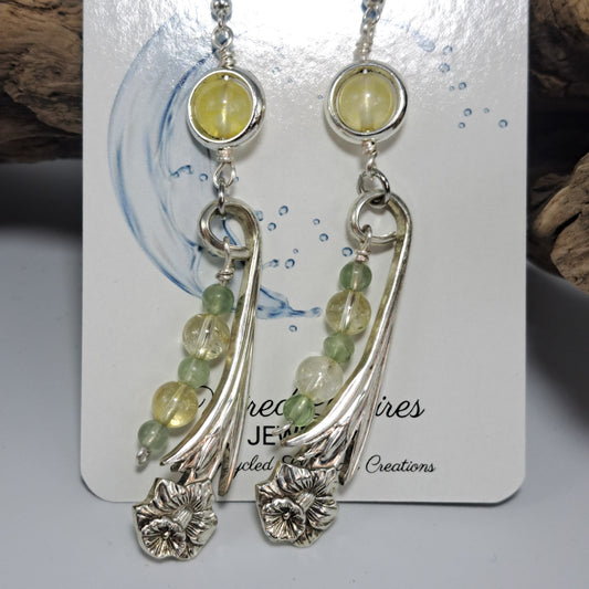 Handmade vintage silverware Daffodil earrings with citrine and fluorite gemstone beads.