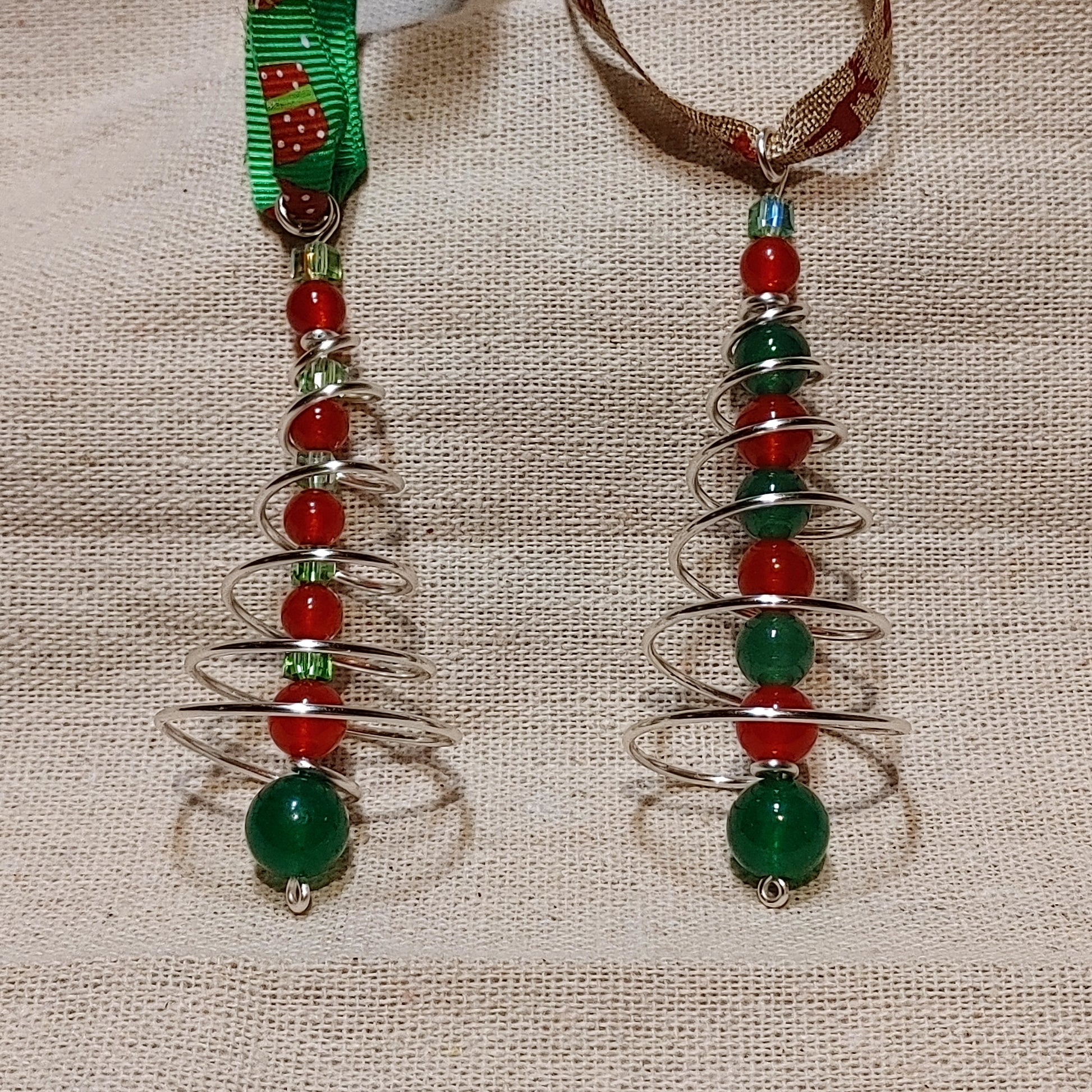 Handmade spiral wire tree with red and green beaded center christmas tree ornament