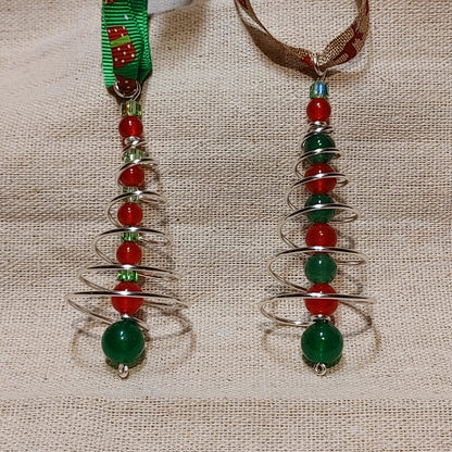 Handmade spiral wire tree with red and green beaded center christmas tree ornament