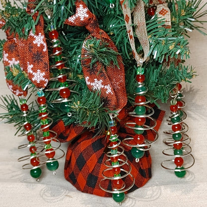 Handmade spiral wire tree with red and green beaded center christmas tree ornament
