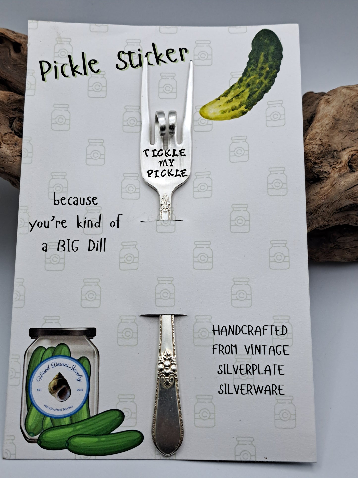 Vintage silverware forks made into pickle forks with hand-stamped expressions