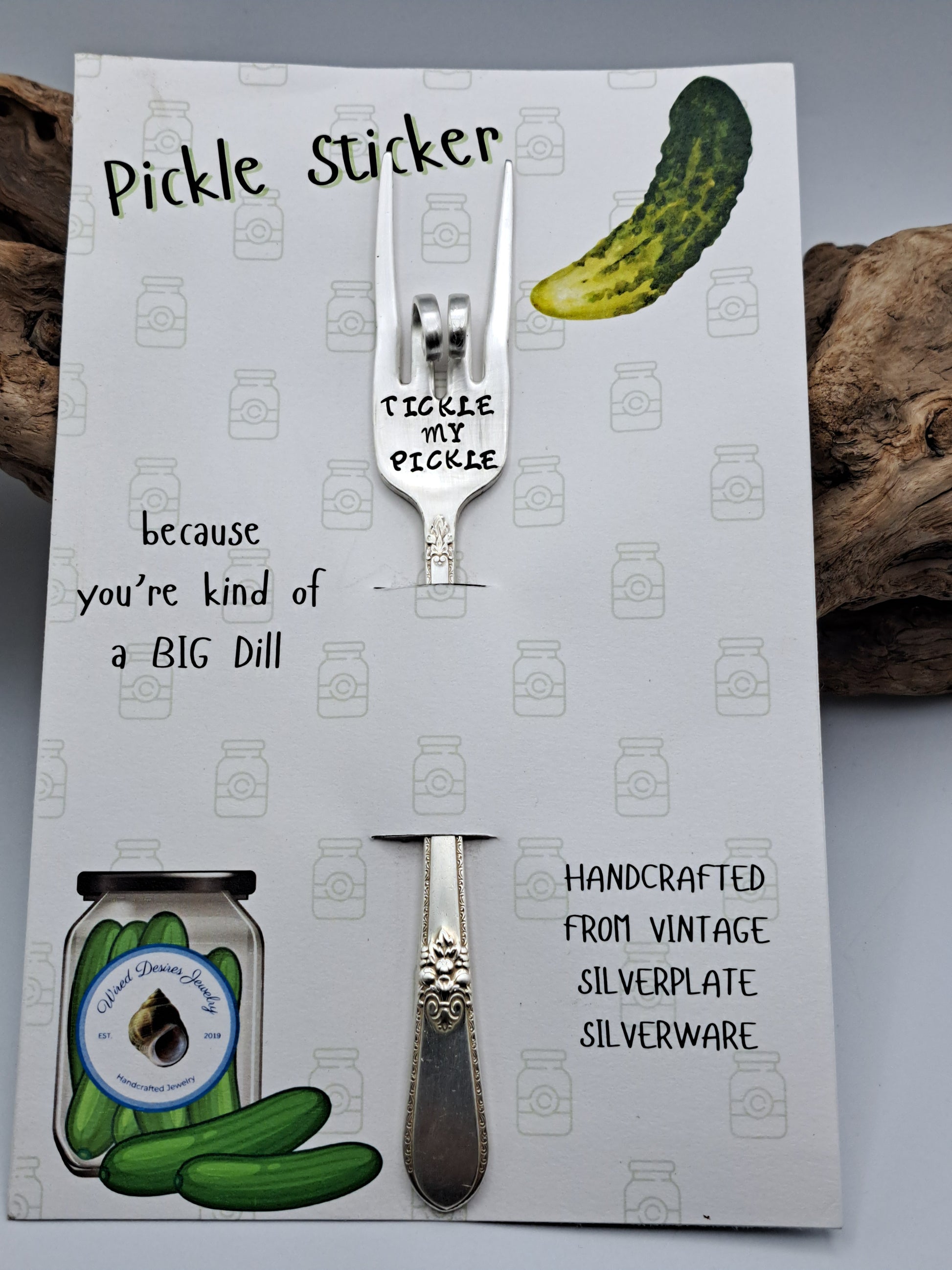 Vintage silverware forks made into pickle forks with hand-stamped expressions