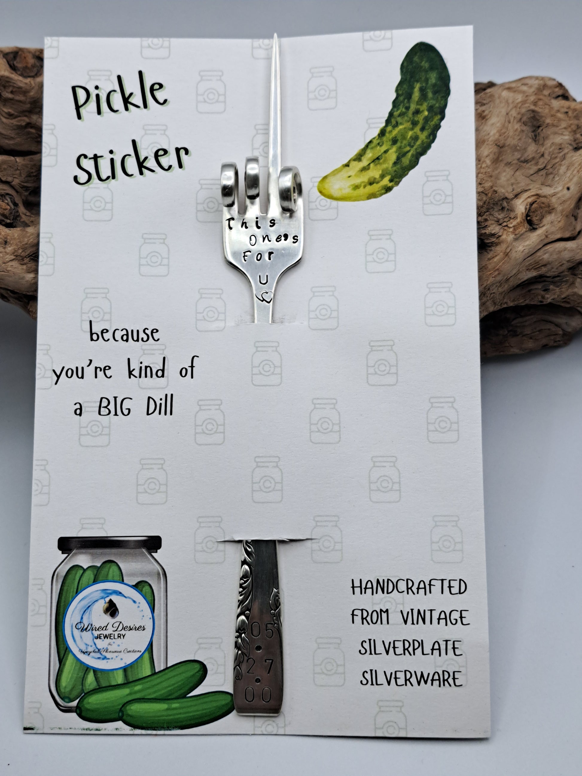 Vintage silverware forks made into pickle forks with hand-stamped expressions