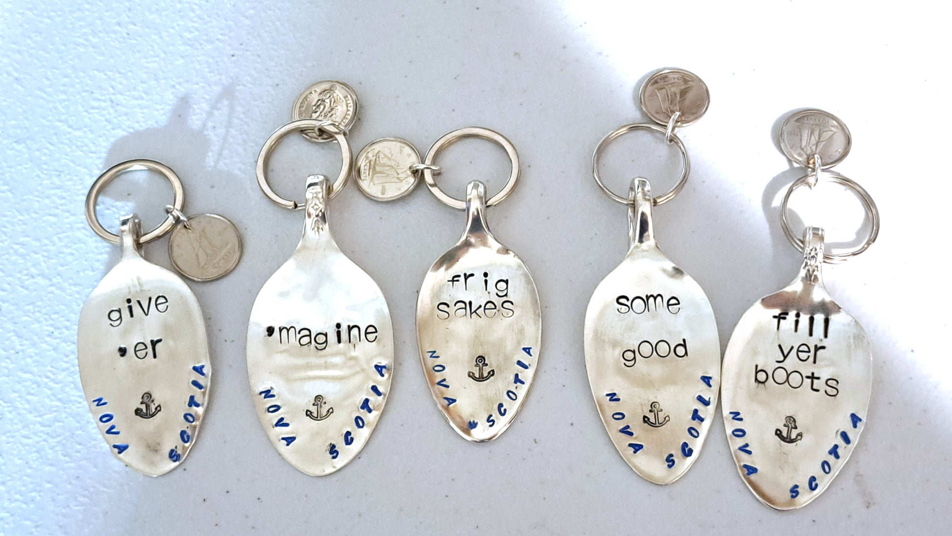 Handmade Vintage Spoon Keychain with Nova Scotia themed hand-stamped expressions 