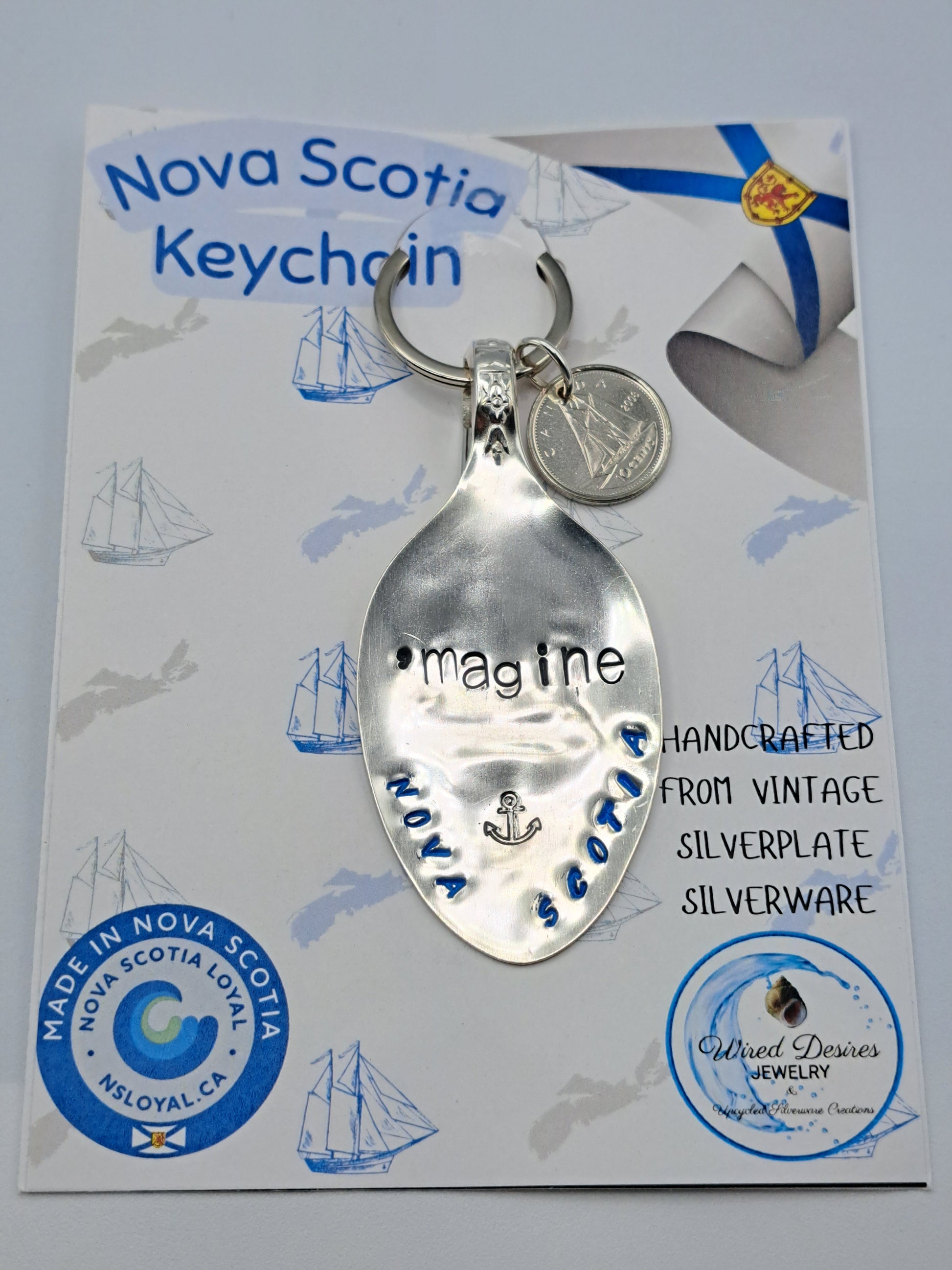 Handmade Vintage Spoon Keychain with Nova Scotia themed hand-stamped expressions 