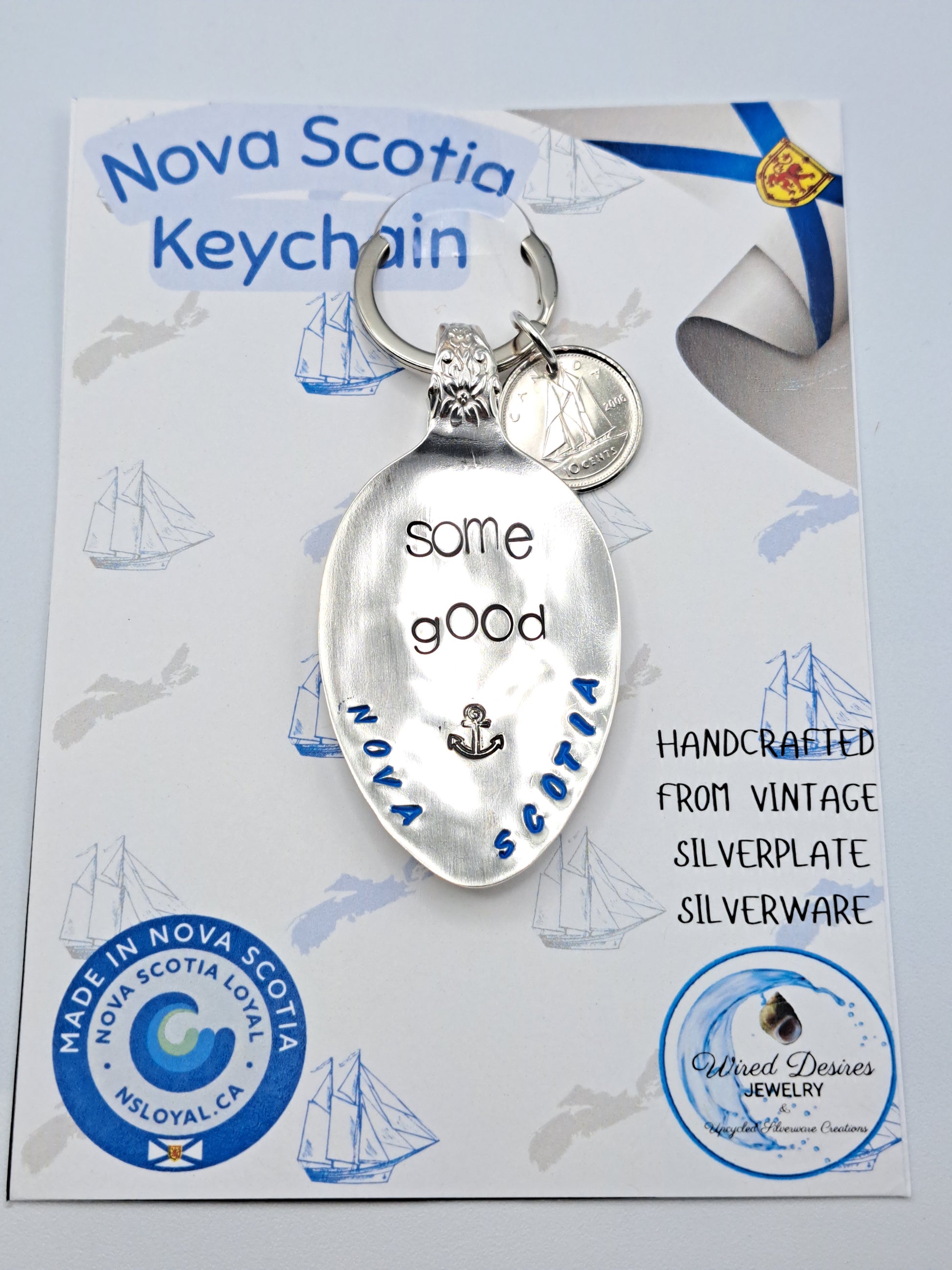 Handmade Vintage Spoon Keychain with Nova Scotia themed hand-stamped expressions 