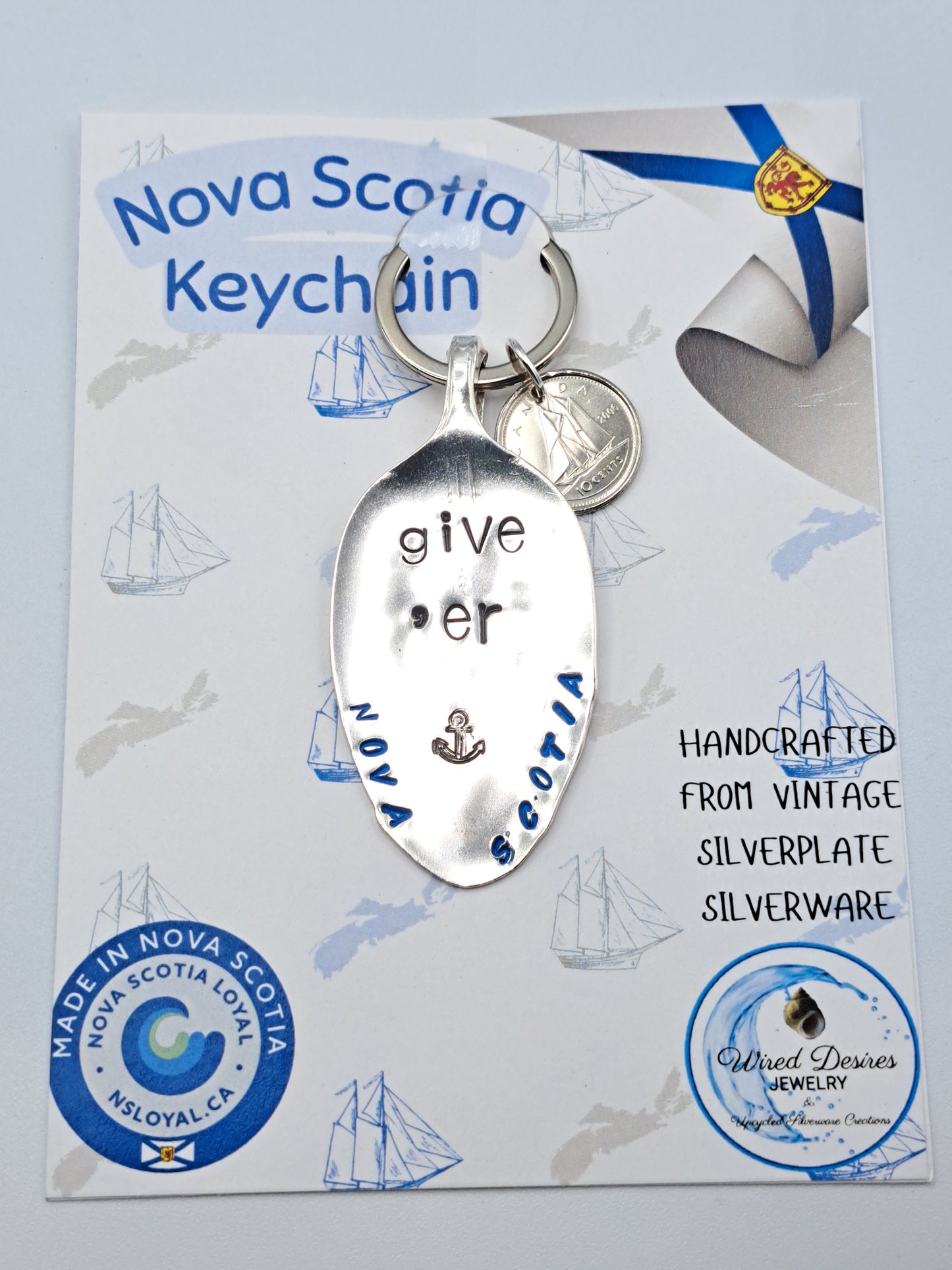 Handmade Vintage Spoon Keychain with Nova Scotia themed hand-stamped expressions 