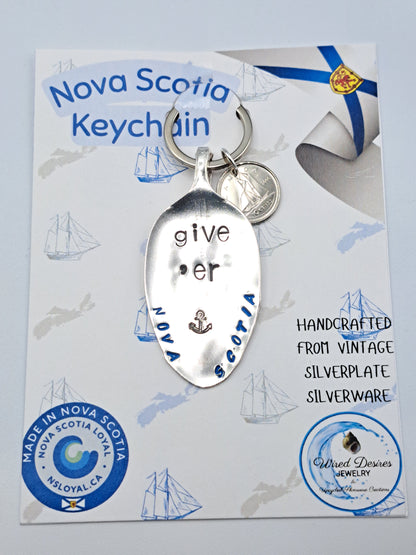 Handmade Vintage Spoon Keychain with Nova Scotia themed hand-stamped expressions 