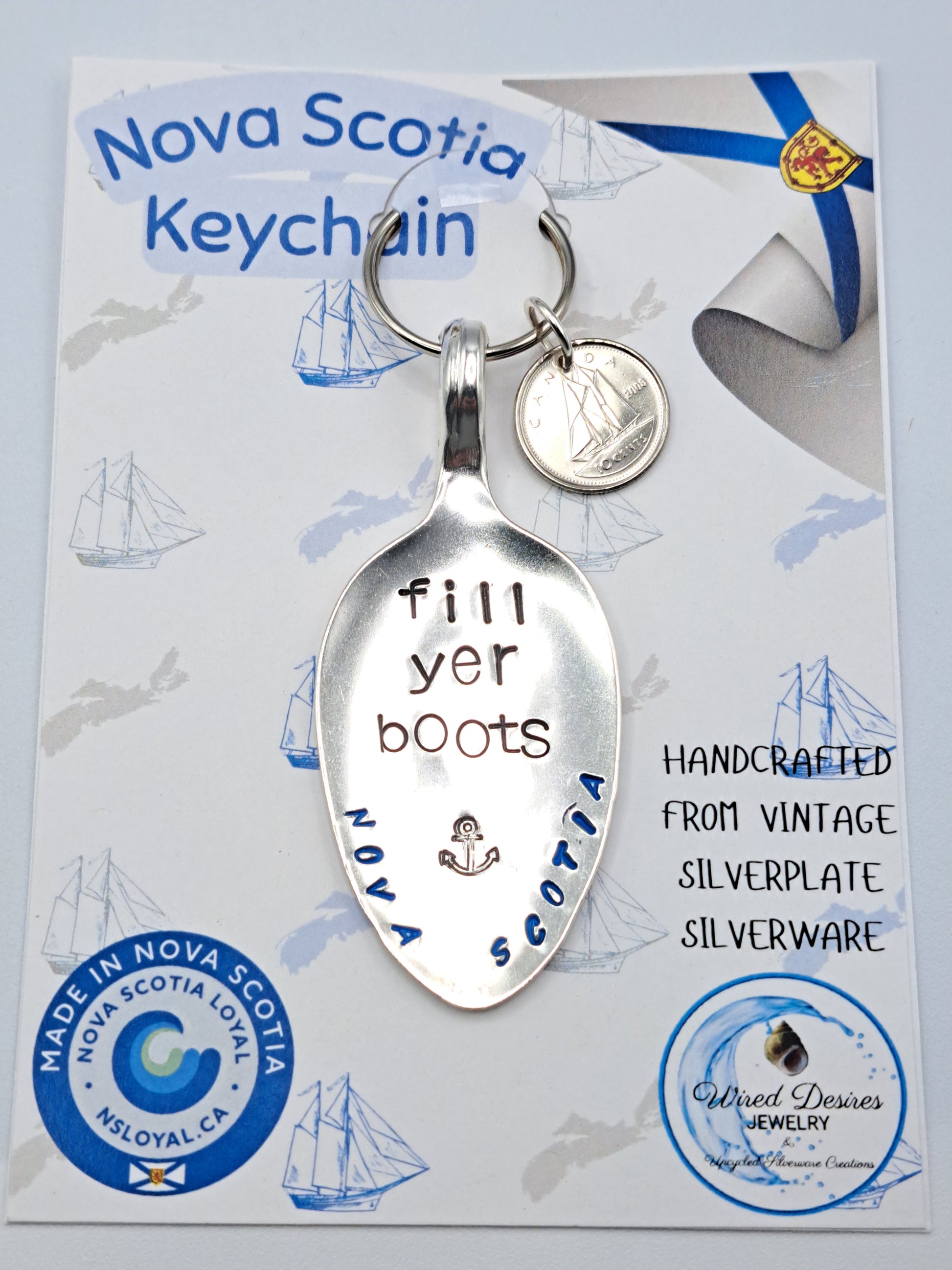 Handmade Vintage Spoon Keychain with Nova Scotia themed hand-stamped expressions 