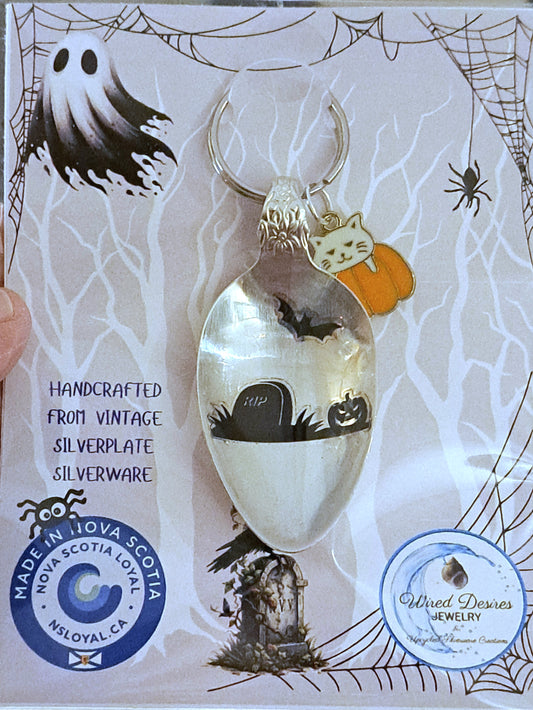 Halloween Vintage Spoon Keychain with black Halloween motif and charm. 