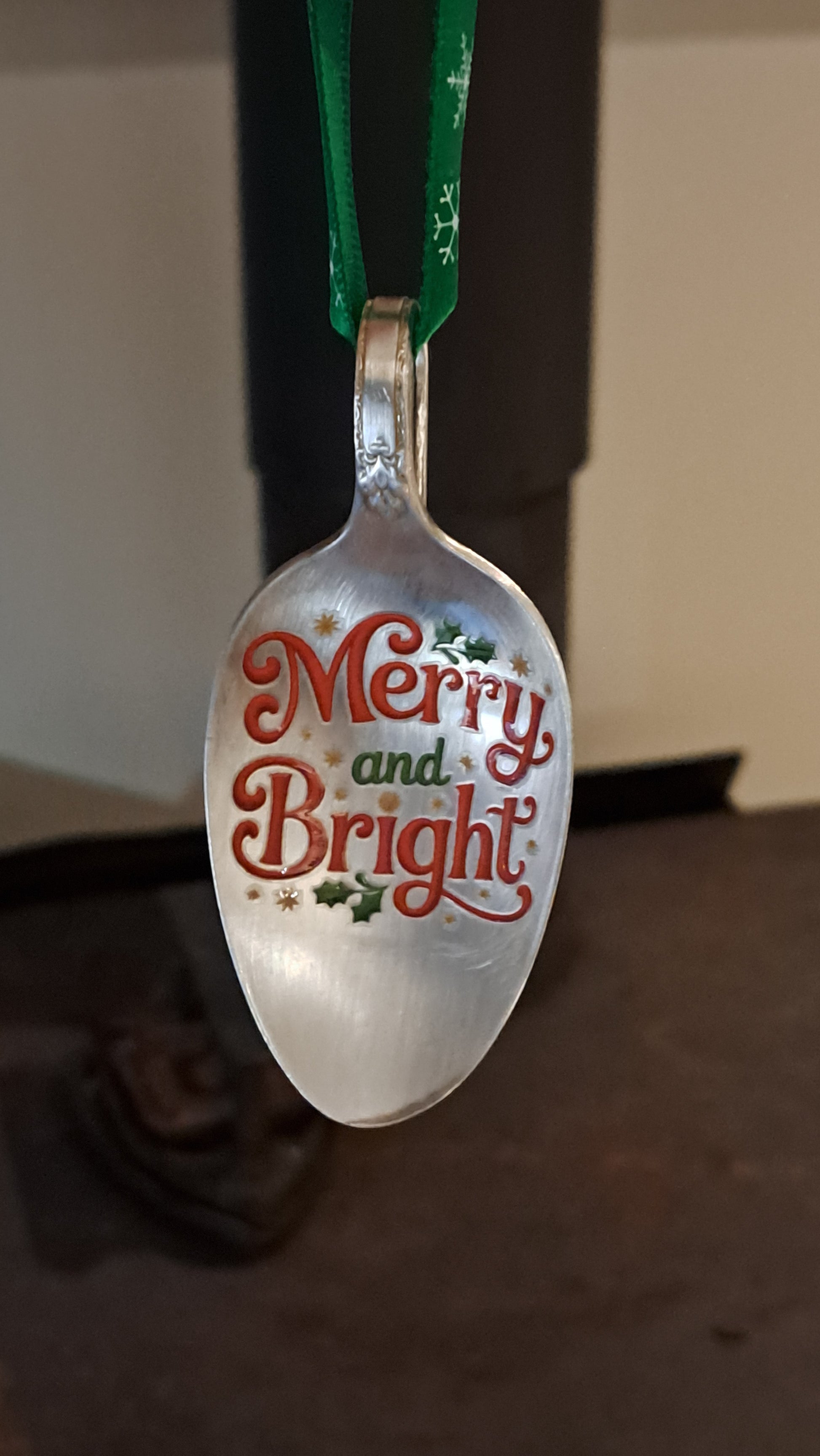 Handmade vintage silverware Christmas Ornament made from a spoon with applied Christmas motif