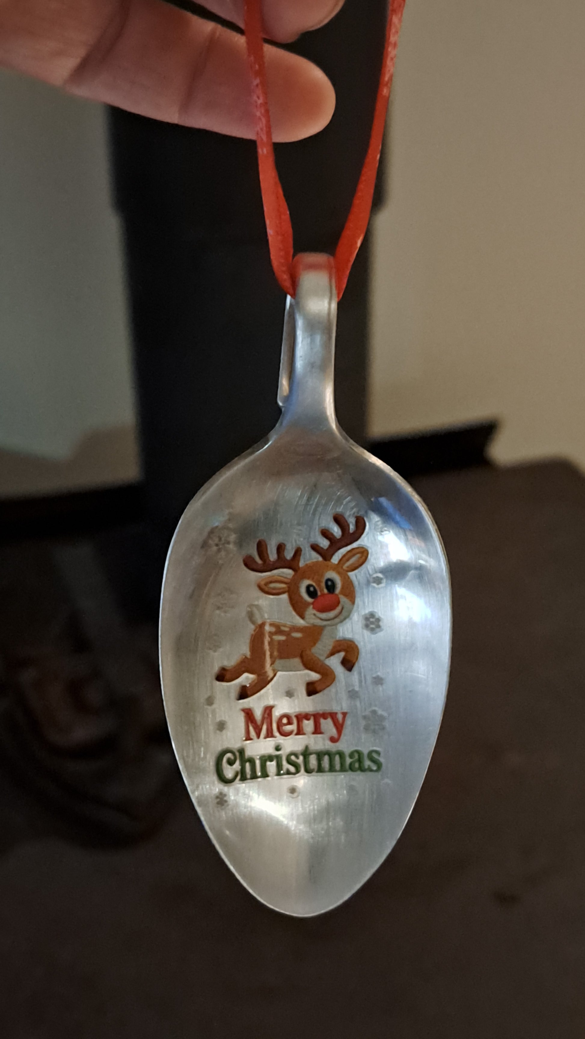 Handmade vintage silverware Christmas Ornament made from a spoon with applied Christmas motif