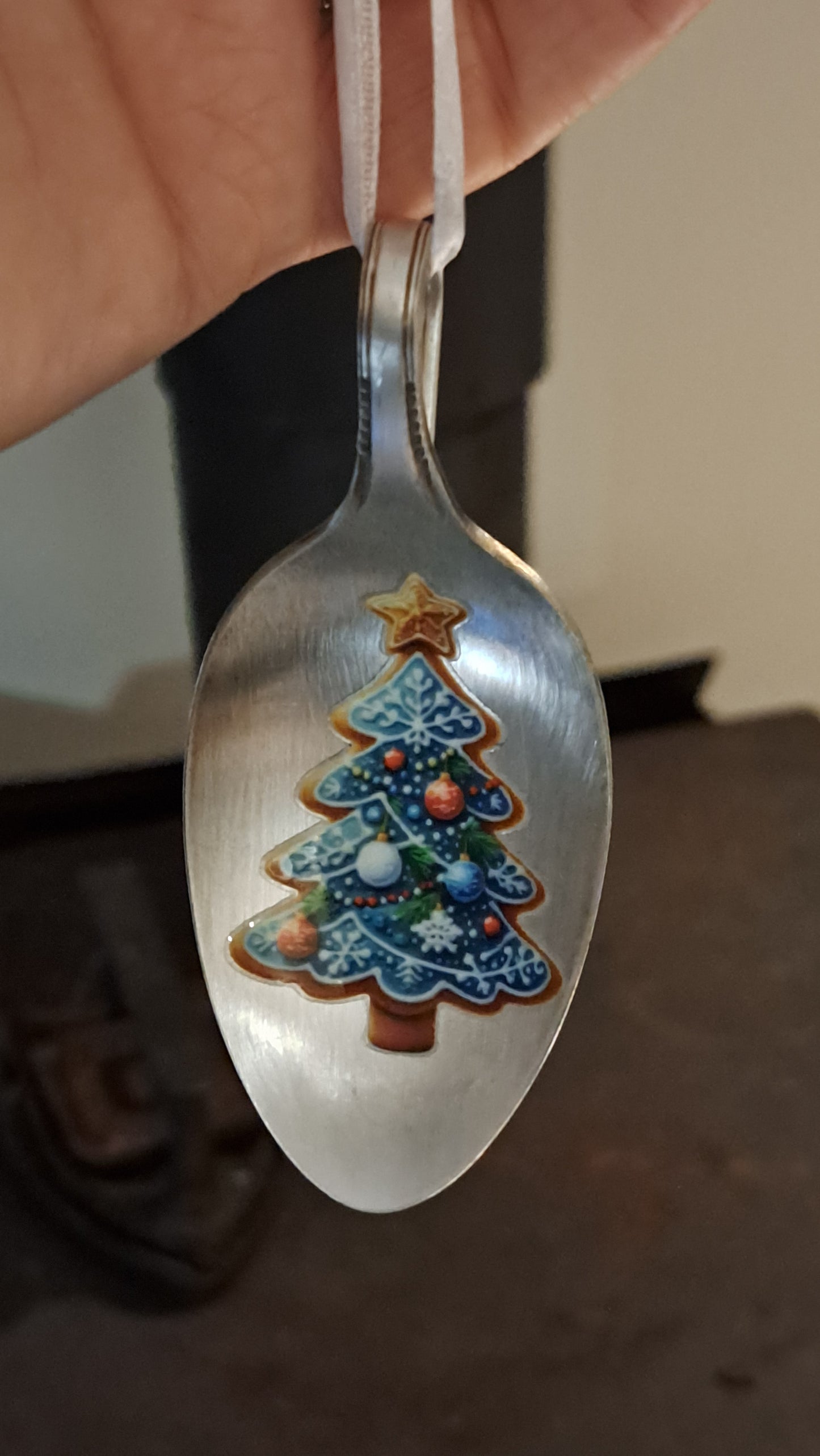 Handmade vintage silverware Christmas Ornament made from a spoon with applied Christmas motif