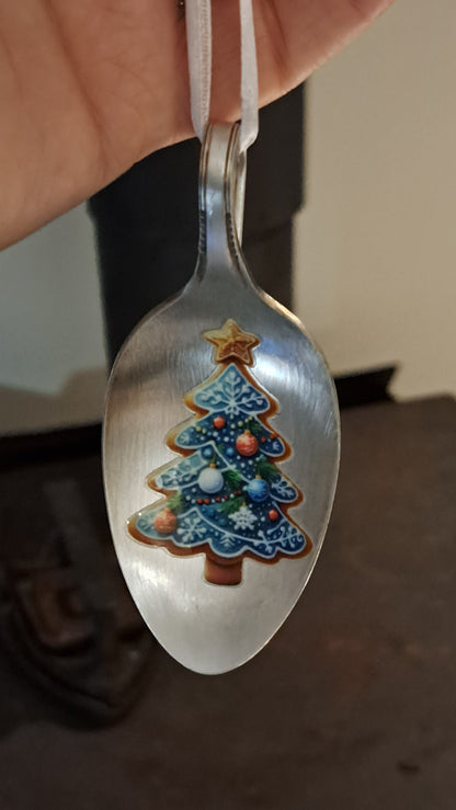 Handmade vintage silverware Christmas Ornament made from a spoon with applied Christmas motif