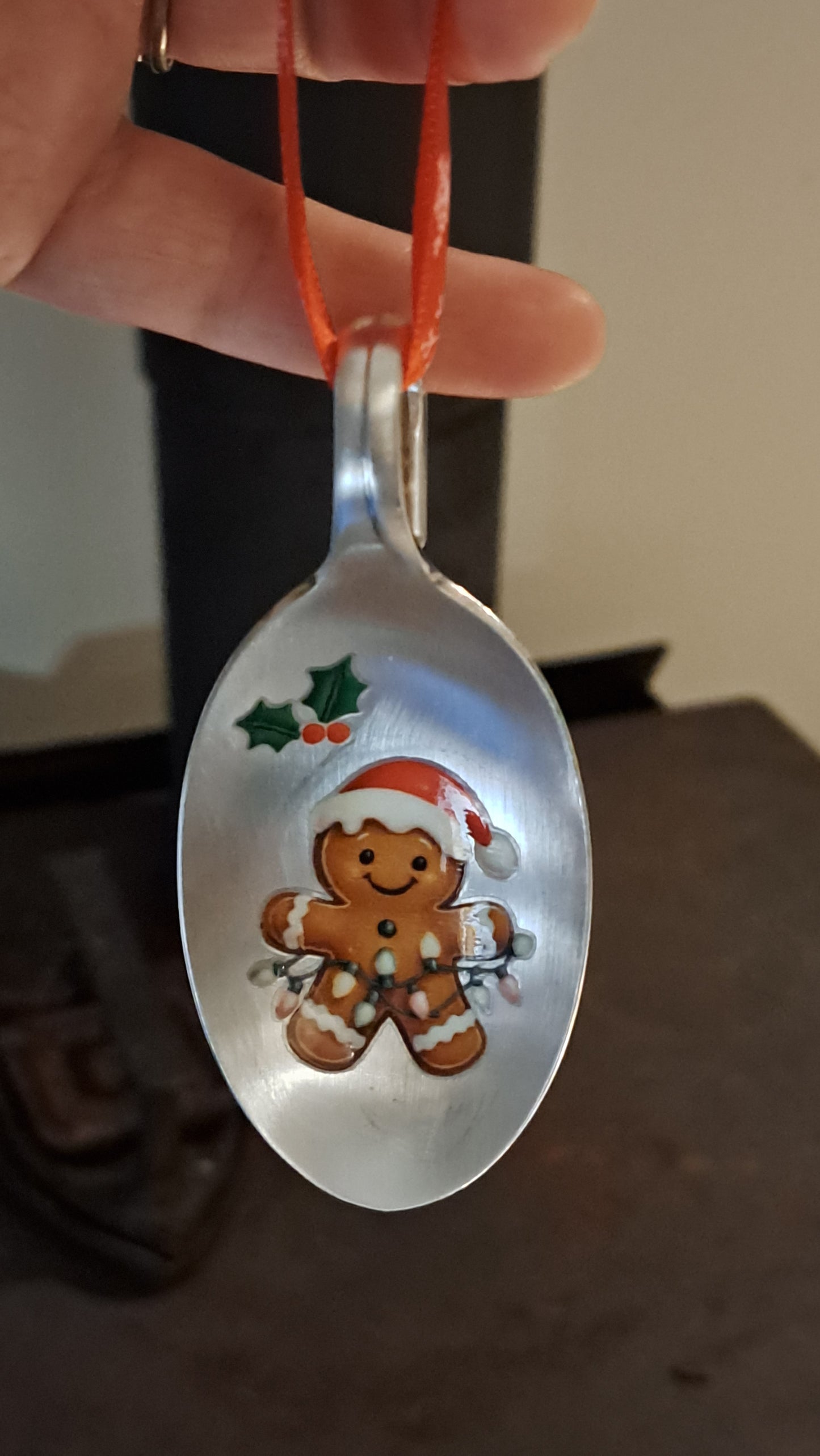 Handmade vintage silverware Christmas Ornament made from a spoon with applied Christmas motif
