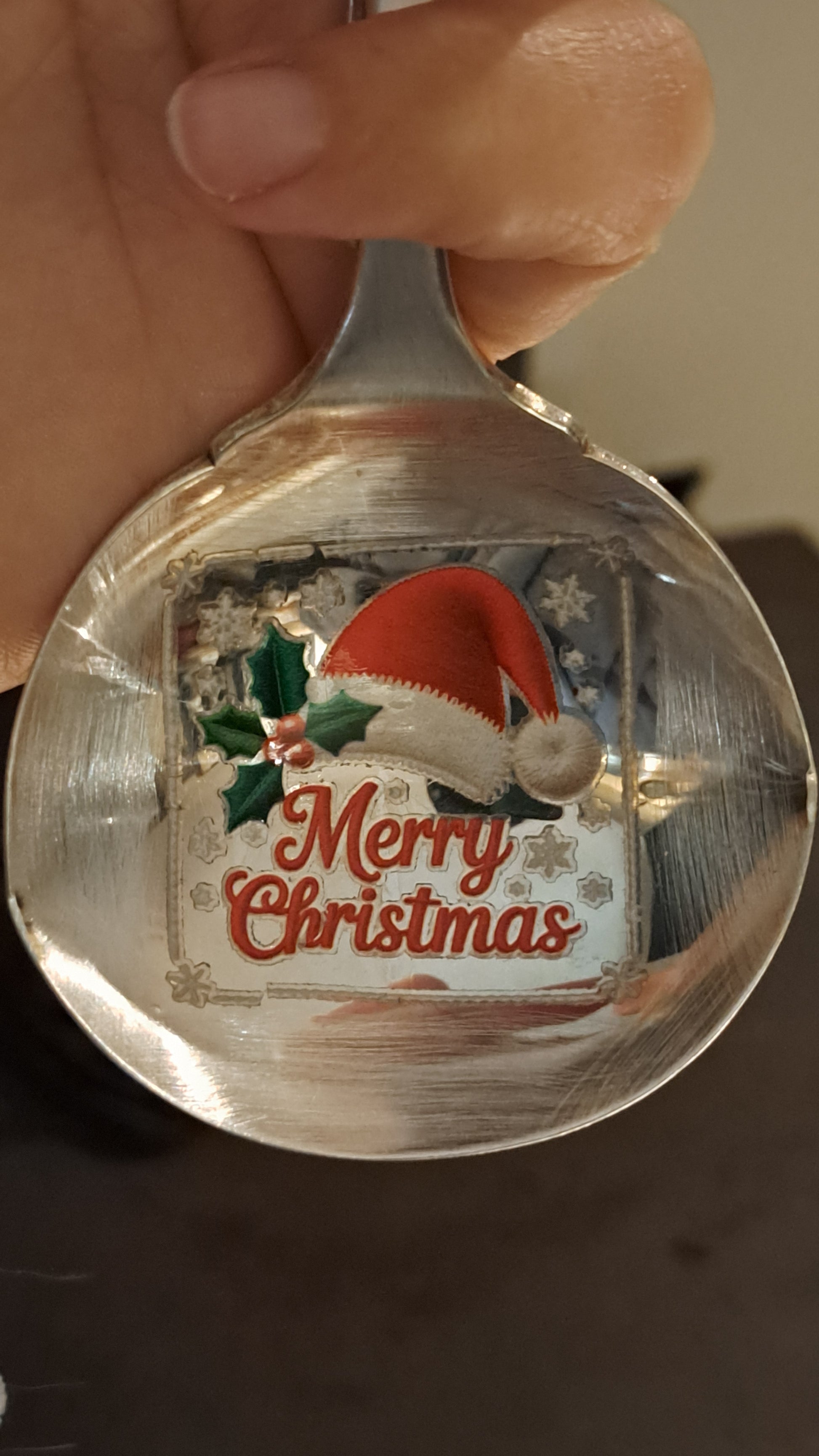 Handmade vintage silverware Christmas Ornament made from a spoon with applied Christmas motif