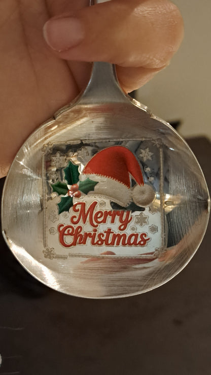 Handmade vintage silverware Christmas Ornament made from a spoon with applied Christmas motif