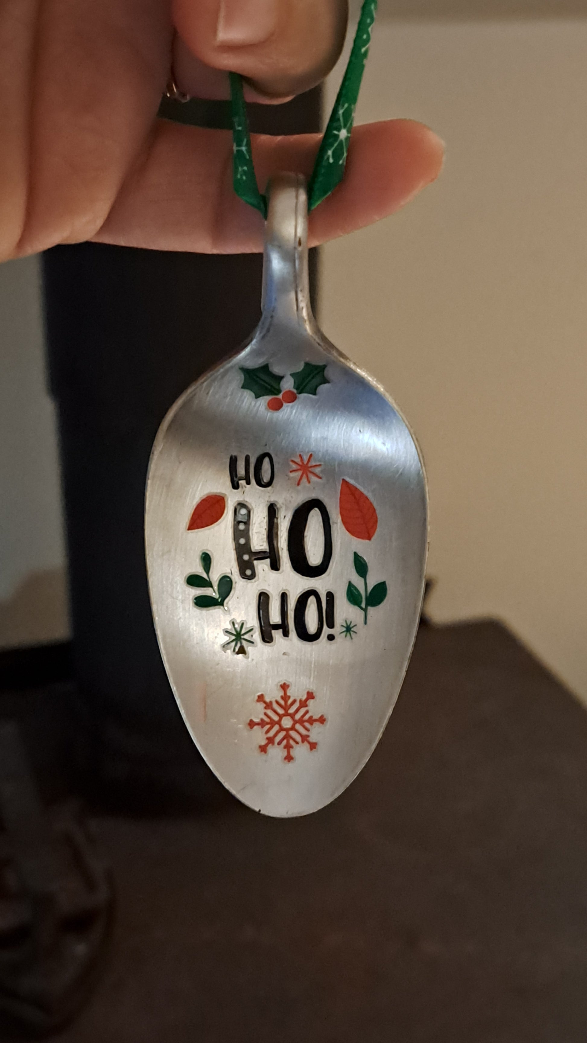 Handmade vintage silverware Christmas Ornament made from a spoon with applied Christmas motif