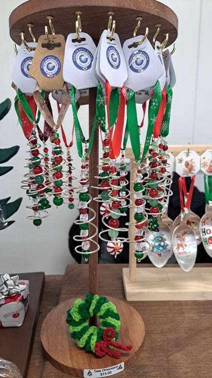 Handmade spiral wire tree with red and green beaded center christmas tree ornament