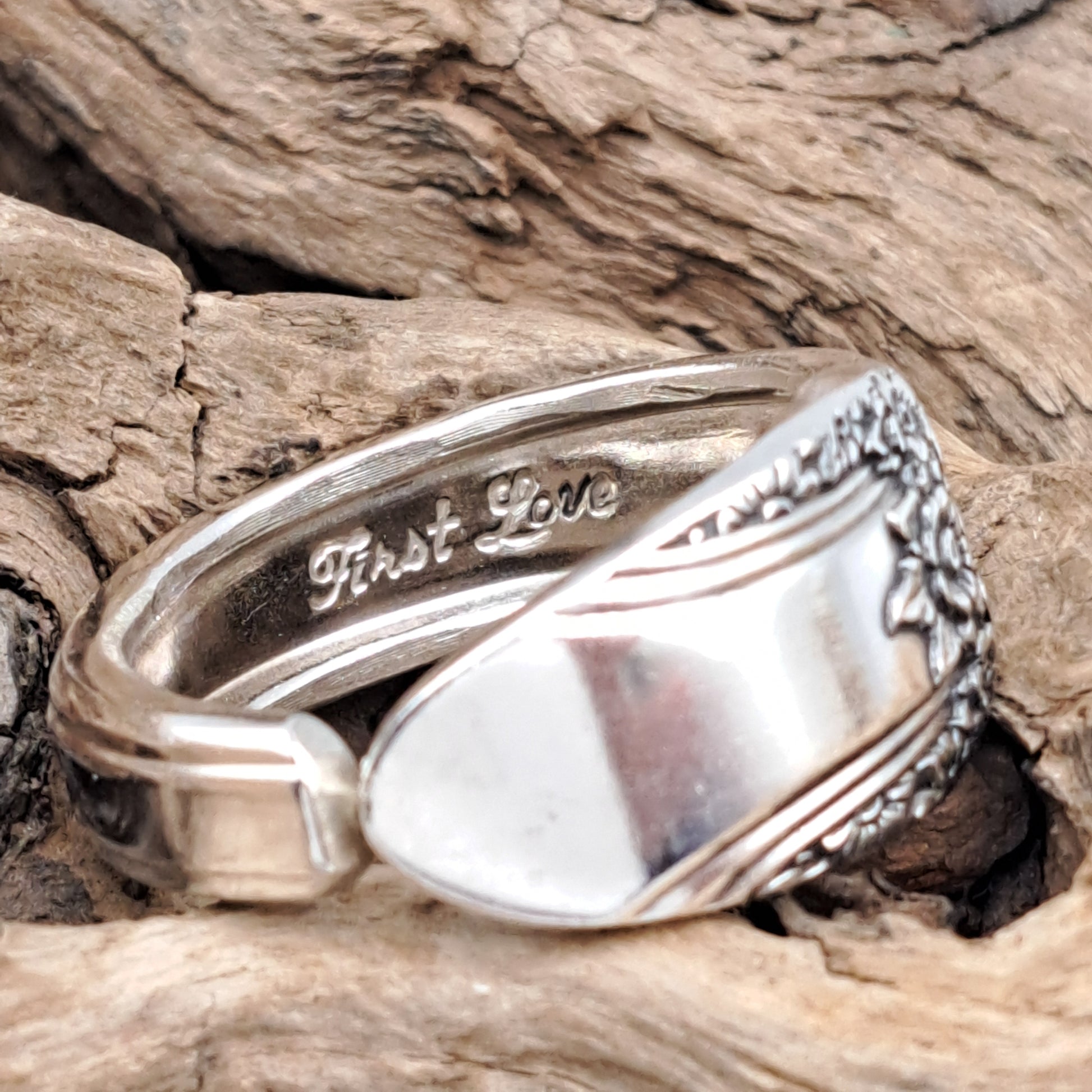 Handmade vintage spoon ring made from First Love 1937 silverplate pattern size 12.5