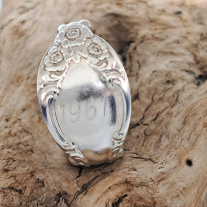 Handmade vintage spoon ring made from Silvery Mist 1940 silverplate pattern size 7 monogram 1961