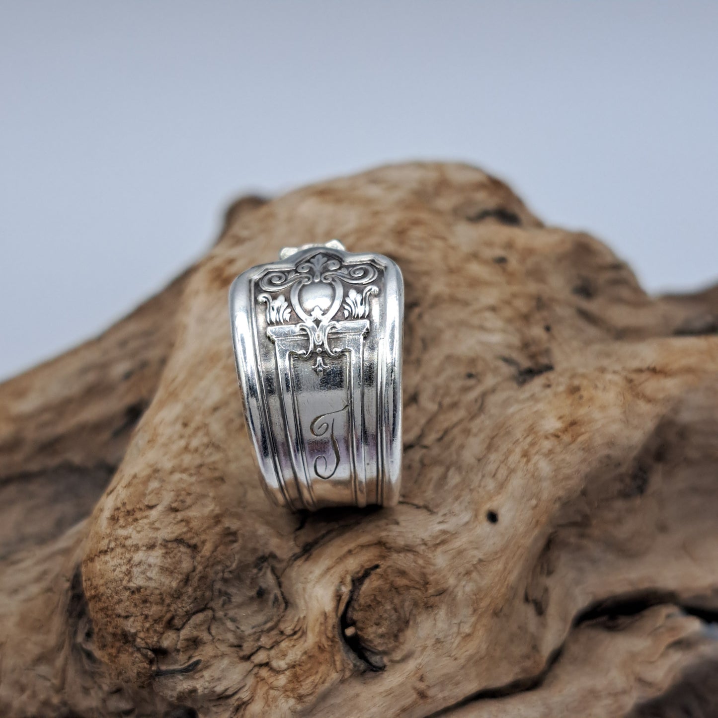 Majestic 1928, Size 7.5, Monogrammed "J", Vintage Silverware Ring, Spoon Ring