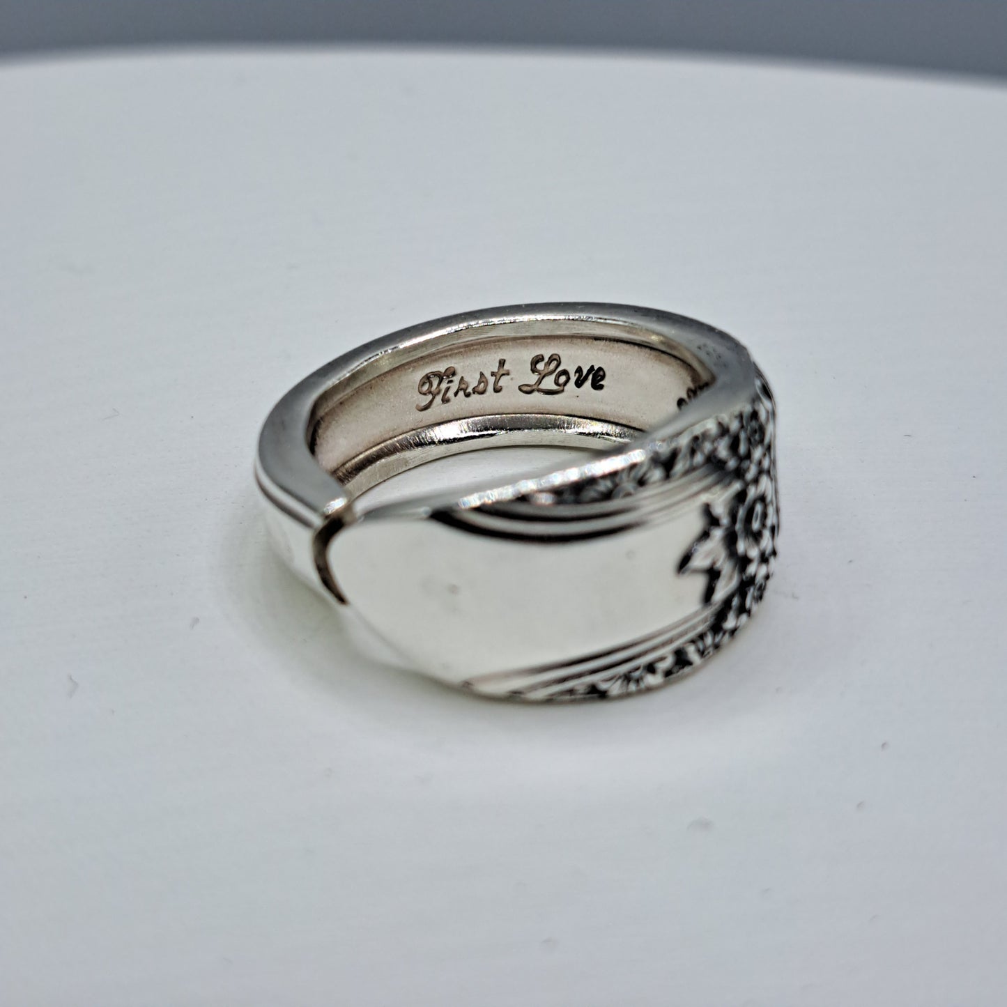 Handmade vintage spoon ring made from First Love 1937 silverplate pattern size 8.75