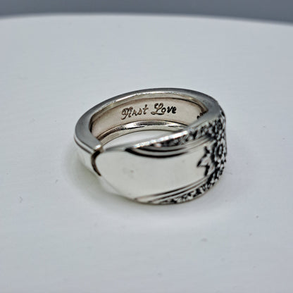 Handmade vintage spoon ring made from First Love 1937 silverplate pattern size 8.75