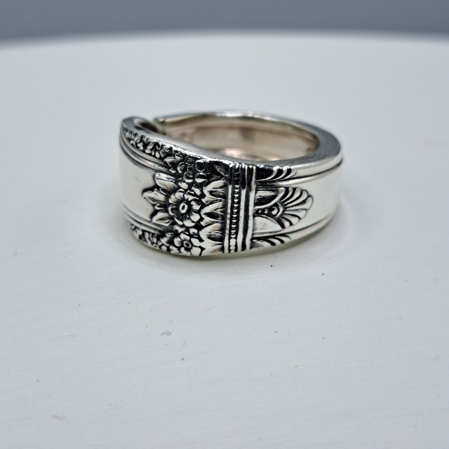 Handmade vintage spoon ring made from First Love 1937 silverplate pattern size 8.75