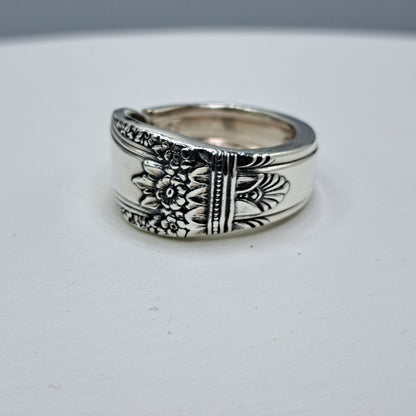 Handmade vintage spoon ring made from First Love 1937 silverplate pattern size 8.75