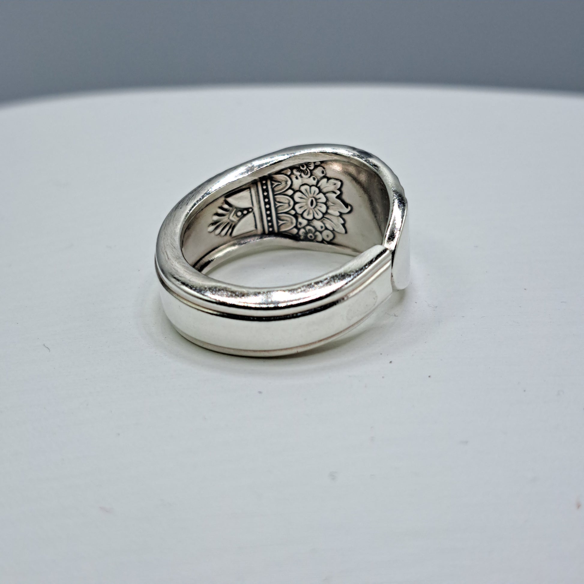 Handmade vintage spoon ring made from First Love 1937 silverplate pattern size 8.75