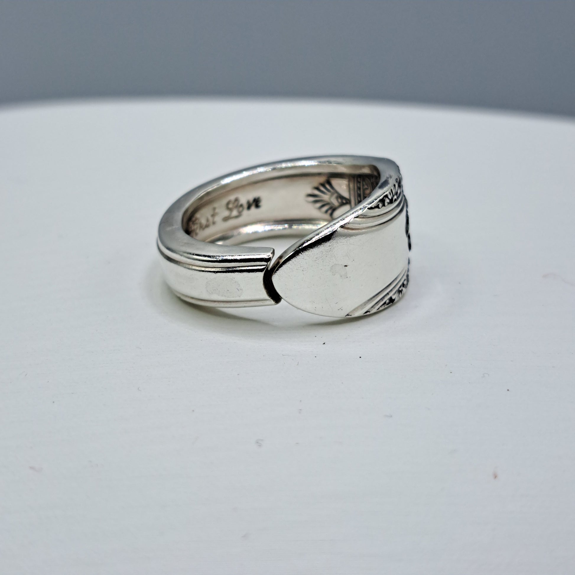 Handmade vintage spoon ring made from First Love 1937 silverplate pattern size 8.75