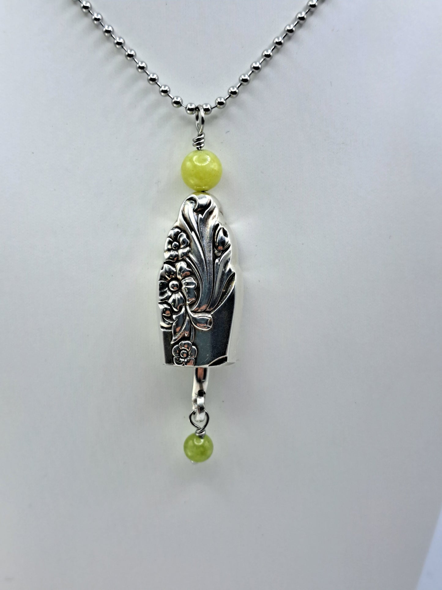 Handmade vintage silverware necklace made from Evening Star 1950 silverplate shaped like a bell with fork tine ringer