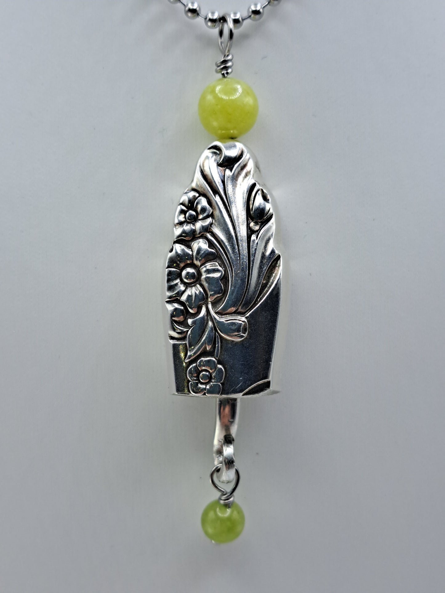 Handmade vintage silverware necklace made from Evening Star 1950 silverplate shaped like a bell with fork tine ringer