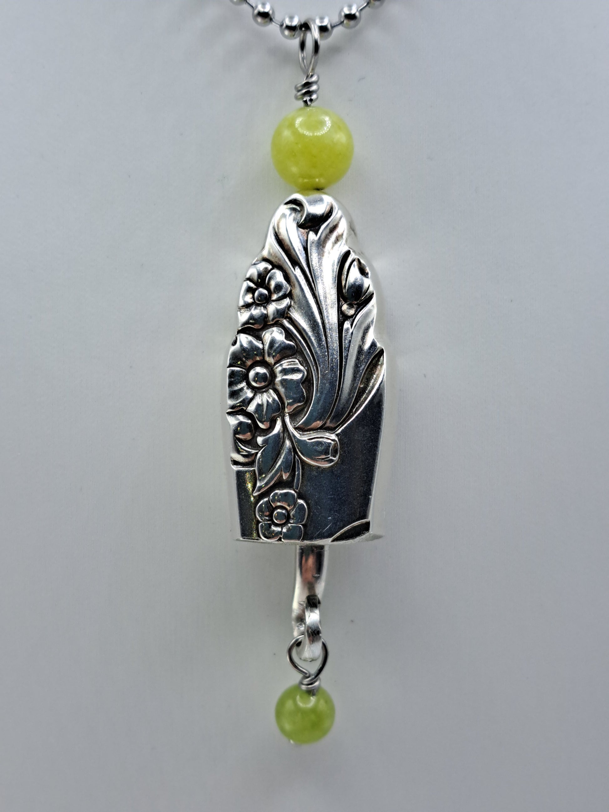 Handmade vintage silverware necklace made from Evening Star 1950 silverplate shaped like a bell with fork tine ringer