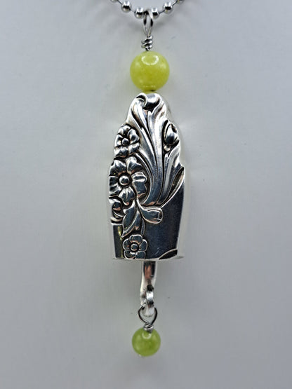 Handmade vintage silverware necklace made from Evening Star 1950 silverplate shaped like a bell with fork tine ringer