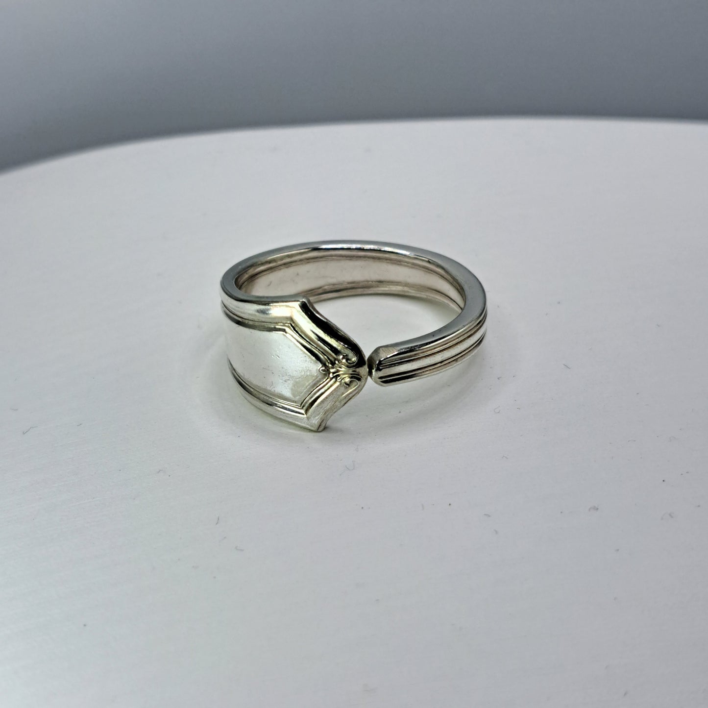 Handmade vintage spoon ring made from an unknown silverplate pattern size 14.25