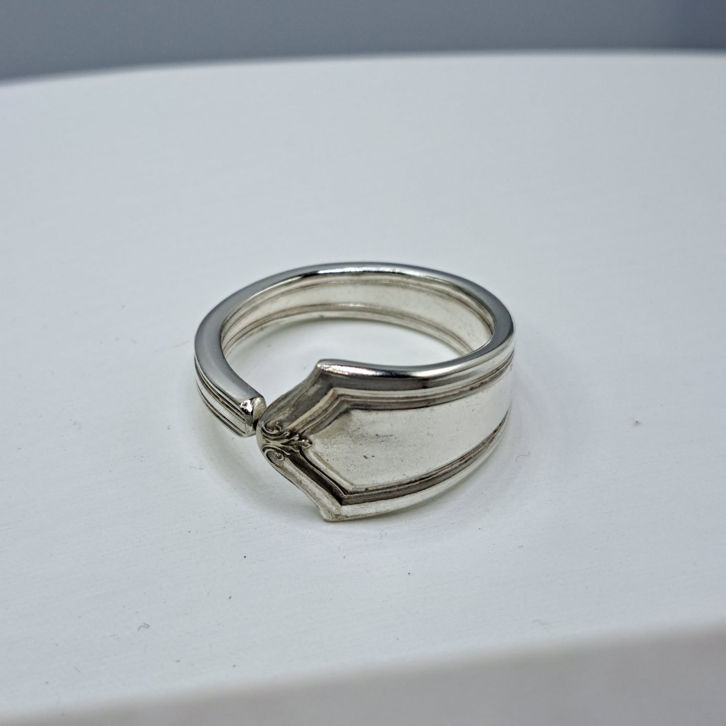 Handmade vintage spoon ring made from an unknown silverplate pattern size 14.25