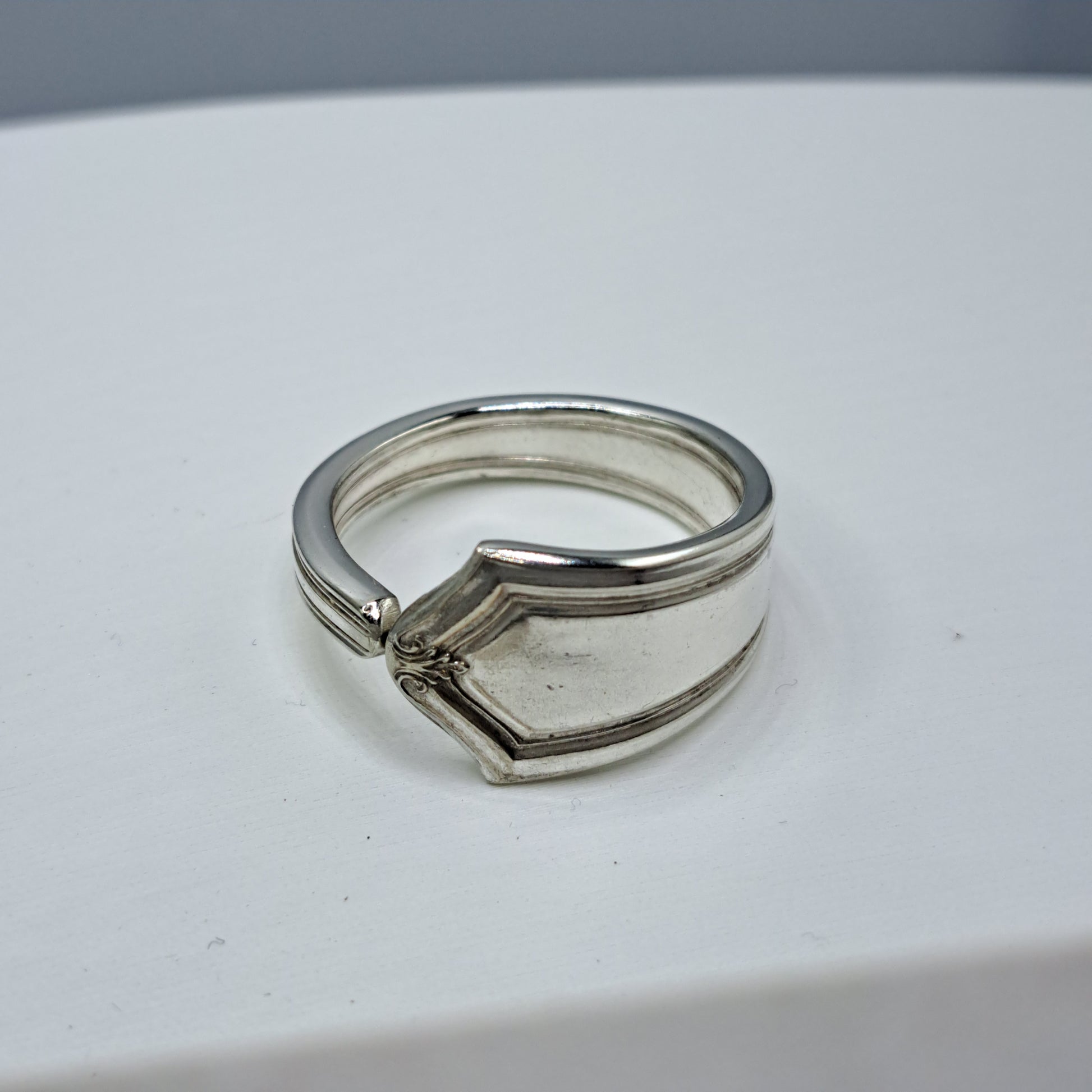 Handmade vintage spoon ring made from an unknown silverplate pattern size 14.25