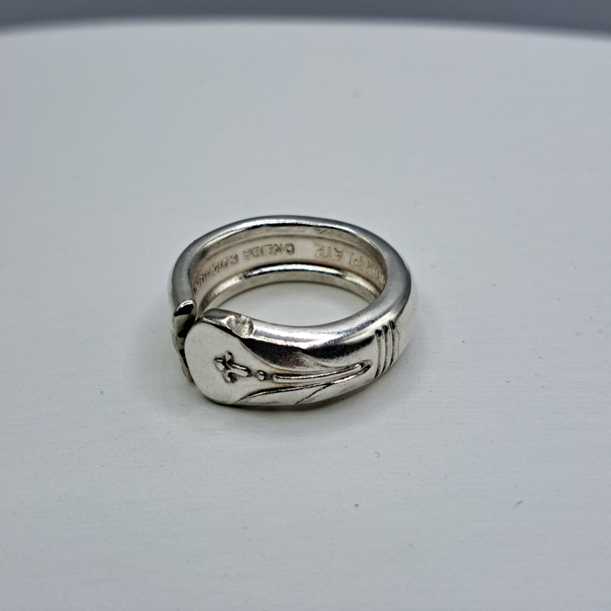 Handmade vintage spoon ring made from June-Nursery 1932 silverplate pattern size 4
