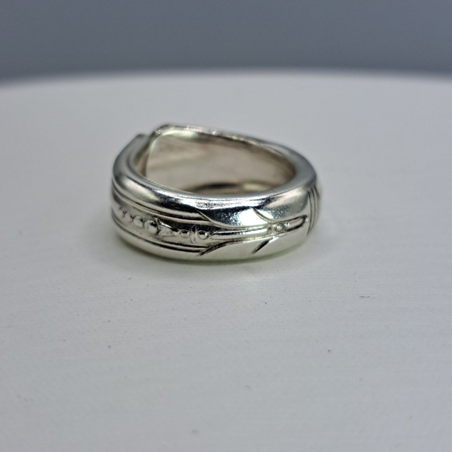 Handmade vintage spoon ring made from June-Nursery 1932 silverplate pattern size 4