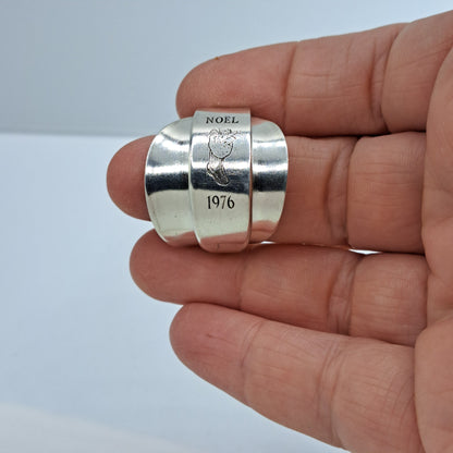 "1976 Noël", Size 11.25, Vintage Silverware Ring, Saddle Spoon Ring, Souvenir Spoon