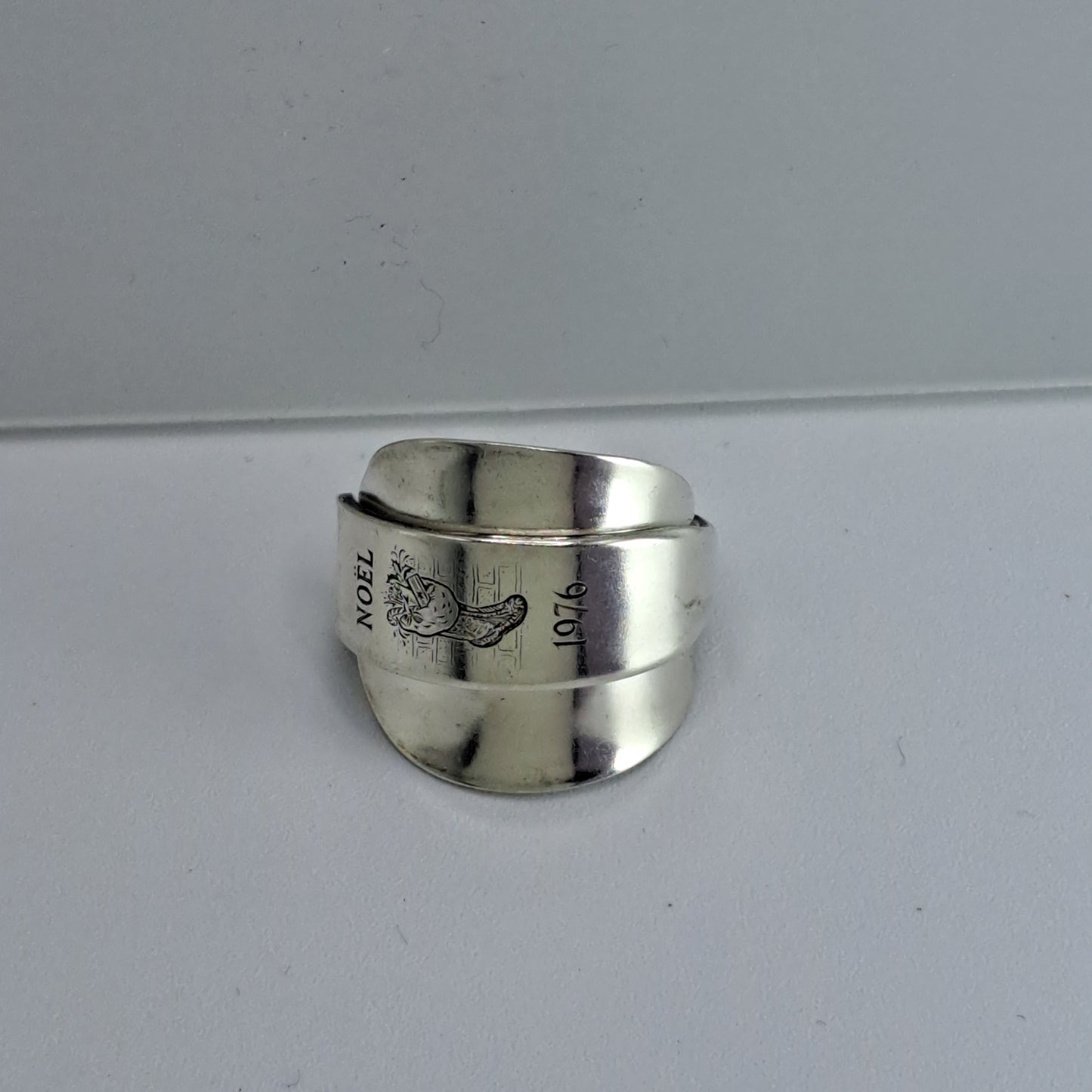 "1976 Noël", Size 11.25, Vintage Silverware Ring, Saddle Spoon Ring, Souvenir Spoon
