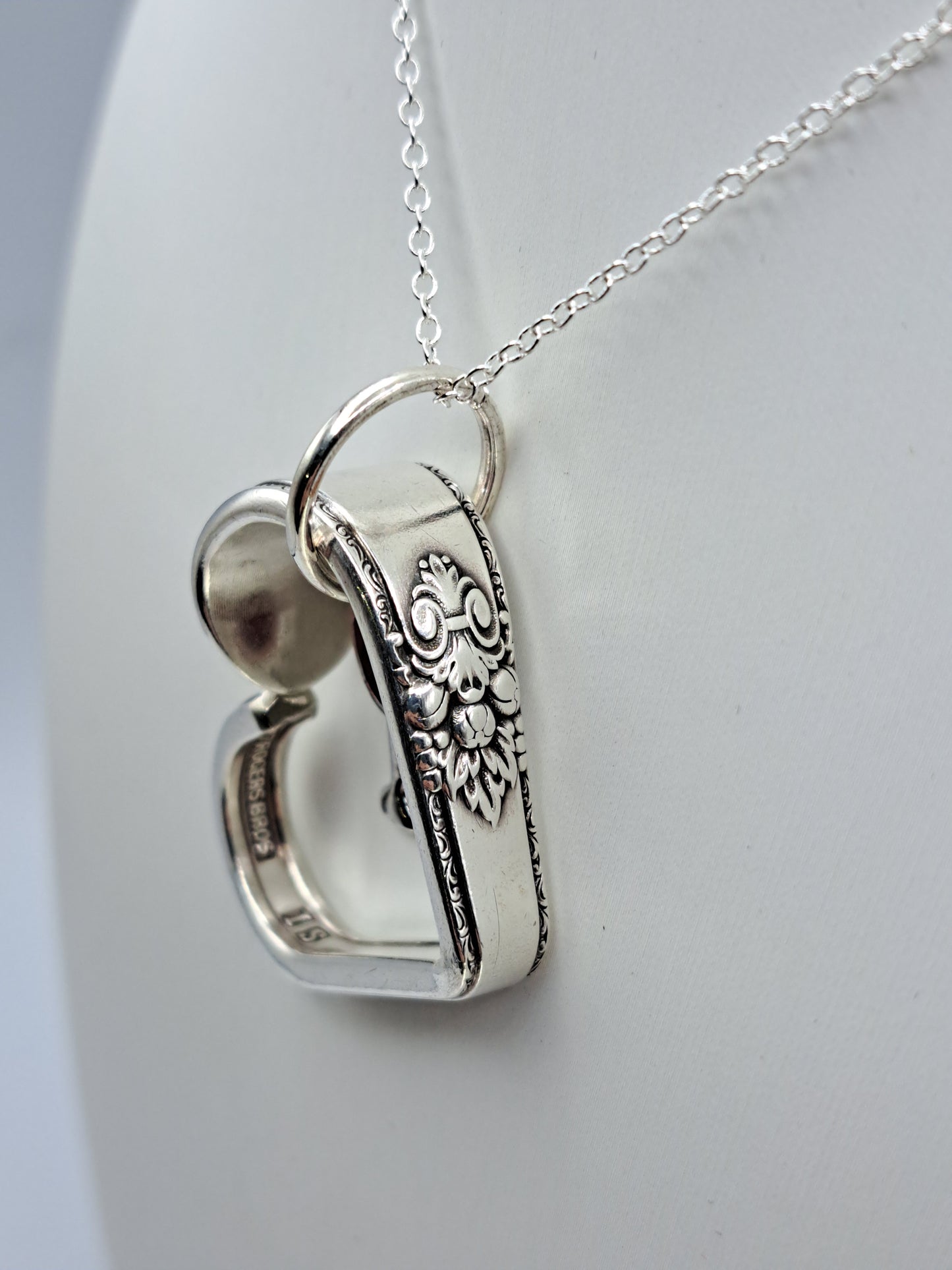 Handmade vintage silverware heart necklace made from Adoration 1930 silverplate pattern with red wine glass charm
